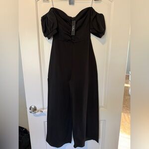 Brand New Lulus Impress Release Black Off-the-shoulder Puff Sleeve Jumpsuit